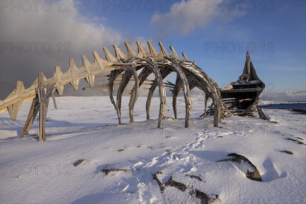 Monument Drakkar Leviathan, in the snow, mixture of Viking ship and dragon, Vardoe, Finmark, Northern Norway