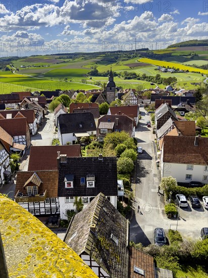 View from castle tower Tower of 13th century castle, today Burghotel Trendelburg, Trendelburg, Weserbergland, Hesse, Germany, Europe