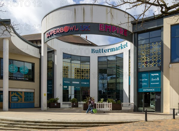 Entrance to Buttermarket shopping centre with Super Bowl and Empire Cinemas, Ipswich, Suffolk, England, UK