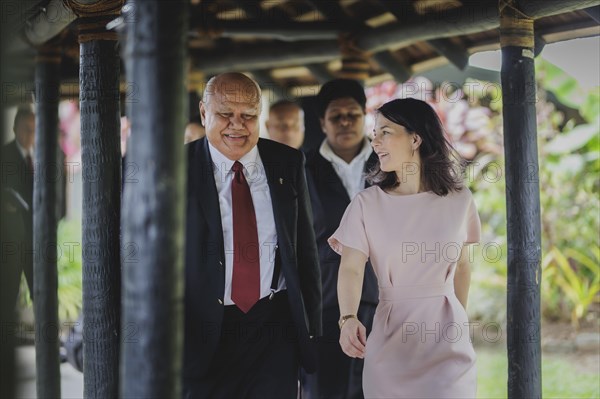 (R-L) Annalena Baerbock (Alliance 90/The Greens), Federal Foreign Minister, meets Viliame Gavoka, Deputy Prime Minister of Fiji, in Nadi, 5 May 2024. Baerbock is travelling to Australia, New Zealand and Fiji for political talks / Photographed on behalf of the Federal Foreign Office