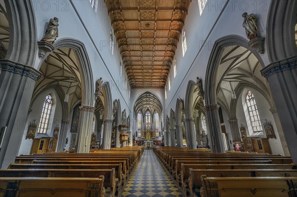 Nave with coffered ceiling, St Martin's Church, Kaufbeuern, Allgaeu, Swabia, Bavaria, Germany, Europe