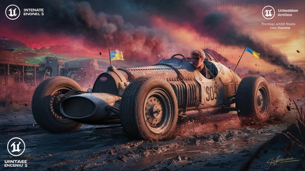 Action-packed scene with a vintage racing car kicking up dust on a rugged track, AI generated