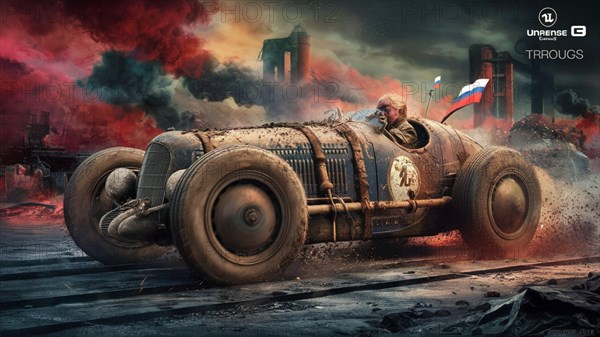 Dynamic image of a classic race car speeding along with vibrant, multicolored smoke in the background, AI generated