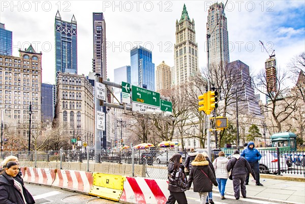 Thomas Paine Park and the historic skyscrapers of Lower Manhattan, New York City