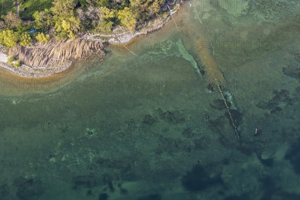 Flight in a zeppelin along the shore of Lake Constance, sewage pipe, aerial view, Immenstaad, Baden-Wuerttemberg, Germany, Europe