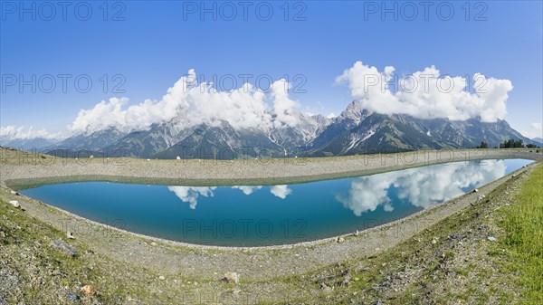 Reservoir with Hochkoenig mountains, blue sky with fog, Dienten, Pongau, Salzburg, Austria, Europe