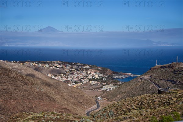 View of San Sebastian de la Gomera and Tenerife with the Teide from a viewpoint, La Gomera, Canary Islands, Spain, Europe
