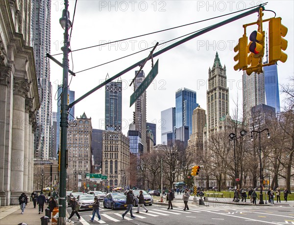 Thomas Paine Park and the historic skyscrapers of Lower Manhattan, New York City