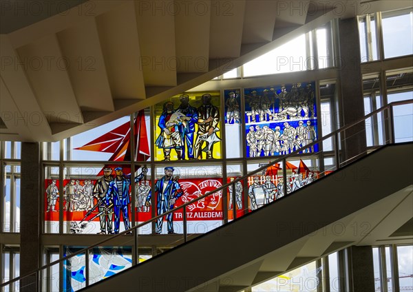 Window glass paintings, realistic socialism, vestibule of the European School of Management and Technology, Berlin, Germany, Europe