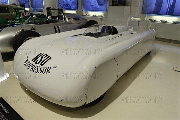 NSU WELTRECORDWAGEN, A white vintage racing car with NSU Kompressor inscription on display in the museum, AUTOMUSEUM PROTOTYP, Hamburg, Hanseatic City of Hamburg, Germany Europe