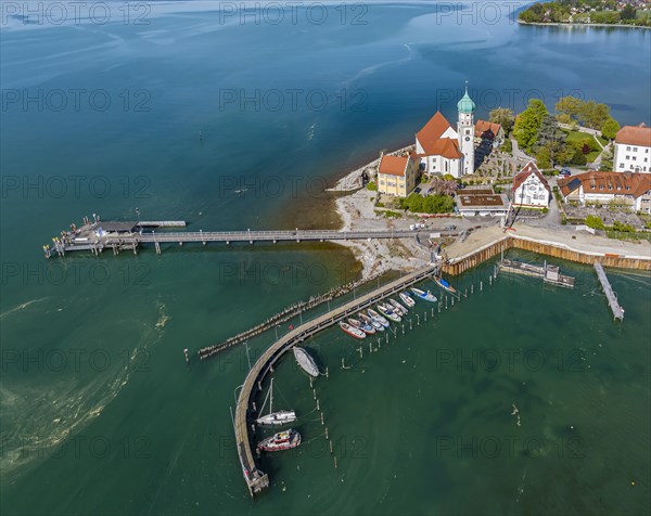 Moated castle peninsula with castle and parish church of St George on Lake Constance. Aerial view, moated castle, Bavaria, Germany, Europe