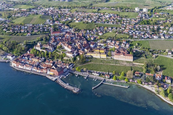 Zeppelin flight over Lake Constance, aerial view, Meersburg with castle, new castle, harbour and state winery, M, eersburg, Baden-Wuerttemberg, Germany, Europe