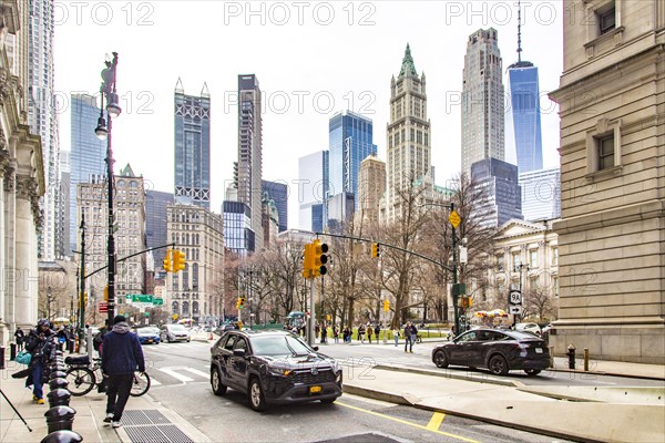 Thomas Paine Park and the historic skyscrapers of Lower Manhattan, New York City