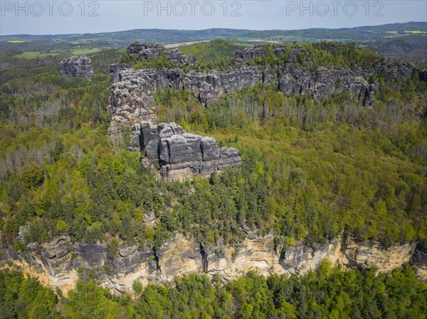 The Schrammsteine are an elongated, heavily jagged group of rocks in the Elbe Sandstone Mountains, located east of Bad Schandau in Saxon Switzerland, Reinhardtsdorf, Saxony, Germany, Europe