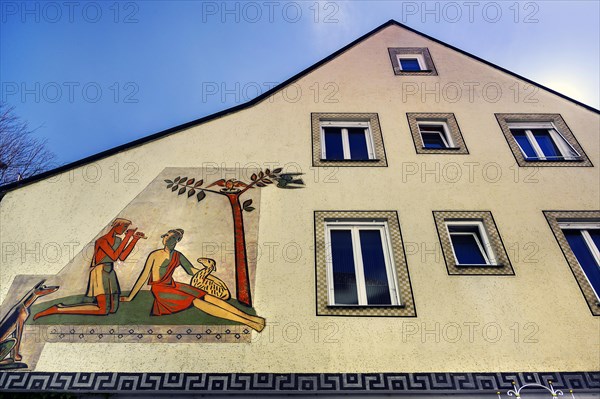 Facade with fresco, shepherd with flute and shepherdess with lamb, Kaufbeuern, Allgaeu, Swabia, Bavaria, Germany, Europe