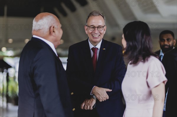 (R-L) Annalena Baerbock (Alliance 90/The Greens), Federal Foreign Minister, and Andreas Prothmann, German Ambassador to Fiji, meet Viliame Gavoka, Deputy Prime Minister of Fiji, in Nadi, 5 May 2024. Baerbock is travelling to Australia, New Zealand and Fiji for political talks / Photographed on behalf of the Federal Foreign Office