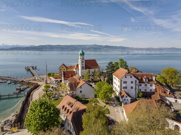 Moated castle peninsula with castle and parish church of St George on Lake Constance. Aerial view, moated castle, Bavaria, Germany, Europe