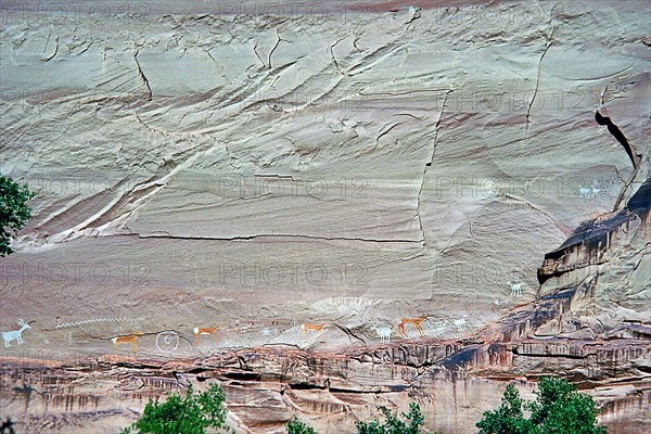 Historic petroglyphs, Canyon de Chelly National Monument, area of the Navajo Nation in the north-east of the US state of Arizona. The nearest town is Chinle. Colorado Plateau, Arizona, USA, North America