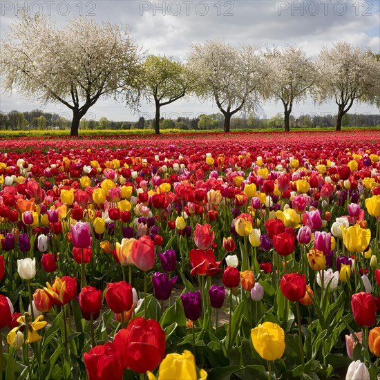 Splendid mixture on the tulip field in front of blossoming fruit trees, Grevenbroich, Lower Rhine, North Rhine-Westphalia, Germany, Europe