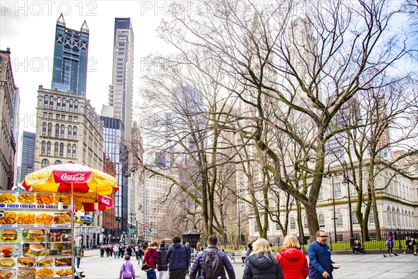 Thomas Paine Park and the historic skyscrapers of Lower Manhattan, New York City