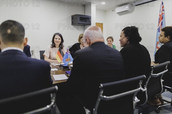 (L-R) Annalena Baerbock (Alliance 90/The Greens), Federal Foreign Minister, meets Viliame Gavoka, Deputy Prime Minister of Fiji, in Nadi, 5 May 2024. Baerbock is travelling to Australia, New Zealand and Fiji for political talks / Photographed on behalf of the Federal Foreign Office
