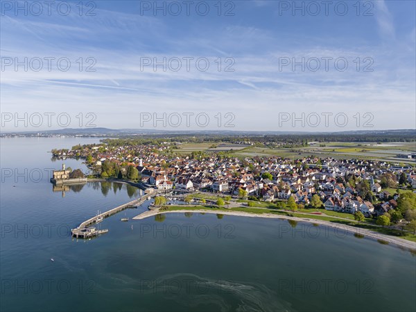 Montfort Castle on Lake Constance, aerial view, landmark of the municipality of Langenargen, Baden-Wuerttemberg, Germany, Europe