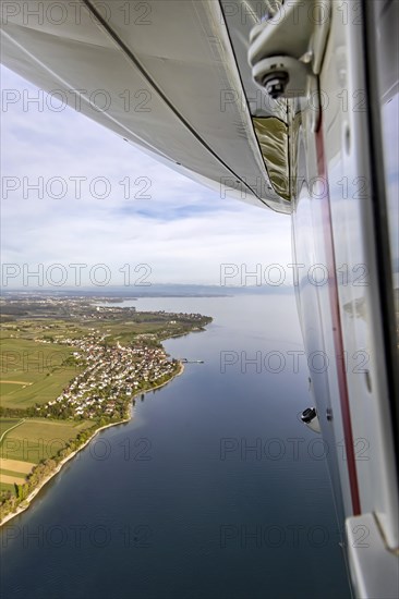 Flight in a zeppelin along the shore of Lake Constance, aerial view, Hagnau, Baden-Wuerttemberg, Germany, Europe