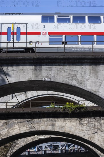 Railway bridges at Nordbahnhof with InterCity IC, infrastructure of Deutsche Bahn AG, concrete arch bridges, Stuttgart, Baden-Wuerttemberg, Germany, Europe