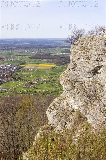 Breitenstein near Ochsenwang in spring, rocky outcrop of the Swabian Alb, 811 metre high rocky plateau, view of the foothills of the Alb, Bissingen an der Teck, Baden-Wuerttemberg, Germany, Europe