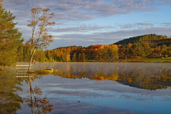 Sunrise and autumnal morning mist over a calm lake, foliage colouring, Bullaren, Bohuslaen. Sweden