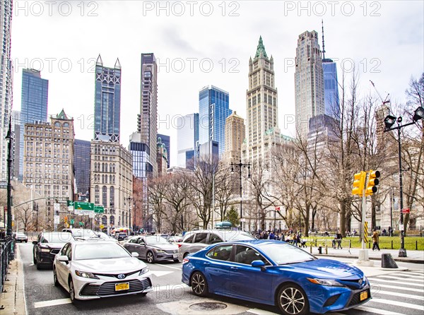 Thomas Paine Park and the historic skyscrapers of Lower Manhattan, New York City