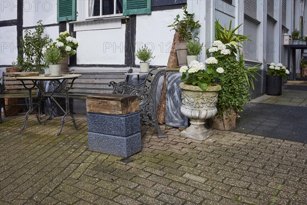 Wooden bench and small table with flowers at a cafe in Hattingen, Ennepe-Ruhr-Kreis, North Rhine-Westphalia, Germany, Europe