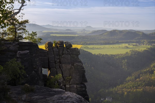 The Lilienstein is the most striking and best-known rock in the Elbe Sandstone Mountains. Impressive rock formation high above the Elbe, Ebenheit, Saxony, Germany, Europe