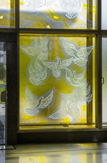 Window glass paintings, realistic socialism, vestibule of the European School of Management and Technology, Berlin, Germany, Europe