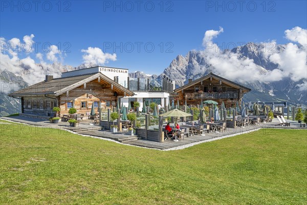 Steinbockalm in Dienten am Hochkoenig, alpine hut with Hochkoenig, fog, blue sky, Pongau, Salzburg, Austria, Europe