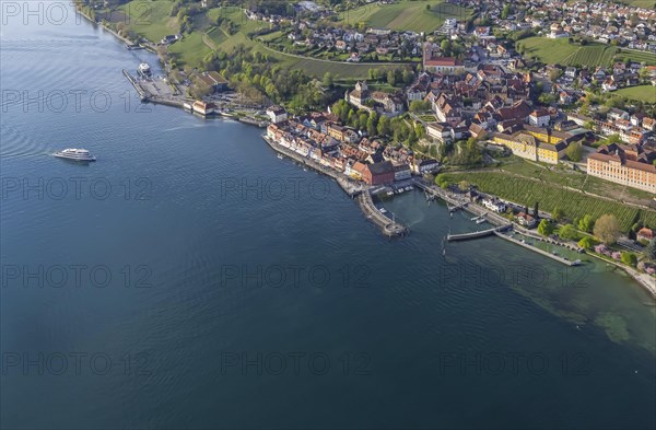 Zeppelin flight over Lake Constance, aerial view, Meersburg with castle, new castle, harbour and state winery, M, eersburg, Baden-Wuerttemberg, Germany, Europe