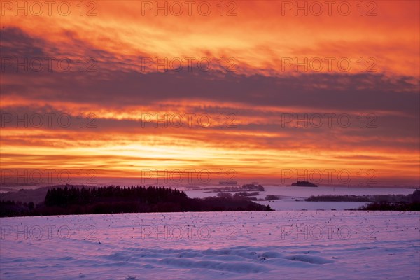 Sunrise winter landscape, Volcanic Eifel, Rhineland-Palatinate, Germany, Europe