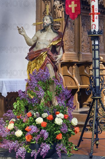 Jesus figure with floral decoration, St Martin's Church, Kaufbeuern, Allgaeu, Swabia, Bavaria, Germany, Europe
