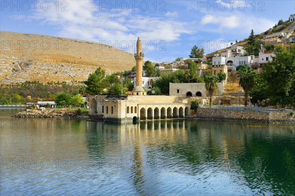 Partly submerged mosque of Eski Halfeti due to the construction of the Birecik dam on the Euphrates River, Old Halfeti, Turkey, Asia