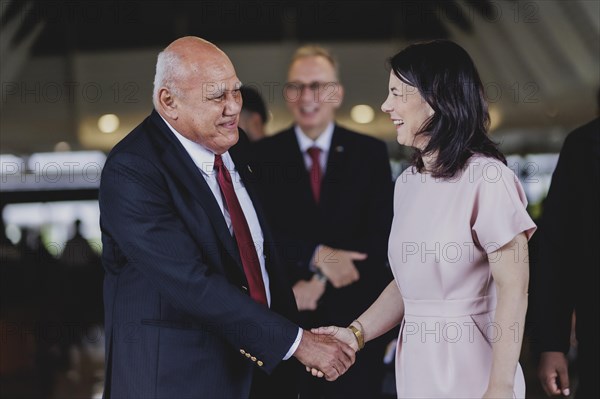 (R-L) Annalena Baerbock (Alliance 90/The Greens), Federal Foreign Minister, meets Viliame Gavoka, Deputy Prime Minister of Fiji, in Nadi, 5 May 2024. Baerbock is travelling to Australia, New Zealand and Fiji for political talks / Photographed on behalf of the Federal Foreign Office