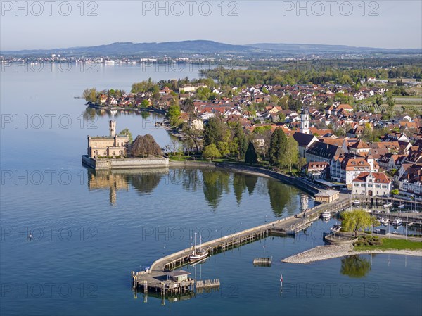 Montfort Castle on Lake Constance, aerial view, landmark of the municipality of Langenargen, Baden-Wuerttemberg, Germany, Europe