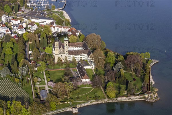Schlosshorn with castle and castle church, Tourism at Lake Constance, Aerial view, Friedrichshafen, Baden-Wuerttemberg, Germany, Europe