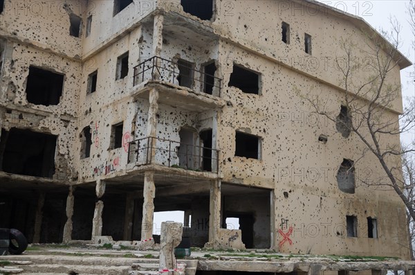 Beqaa, Lebanon, April 04, 2017: Marks of War, Lebanese house machine-gunned, bombed, destroyed by civil war, Lebanon mountains, Asia