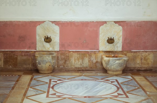 Chouf District, Lebanon, April 05, 2017: Historic Turkish marble bathroom, located inside the Beit ed-Dine (Beiteddine) palace, built in 1788, renovated after the civil wars in Lebanon, Asia