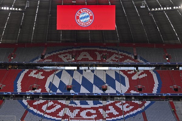 Interior view Allianz Arena, north curve, empty, logo, FC Bayern Munich, FCB, scoreboard, Munich, Bavaria, Germany, Europe