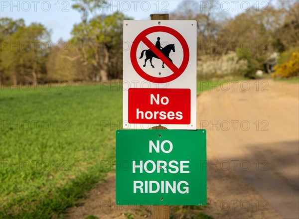 No Horses, No Horse Riding Sign, Suffolk Sandlings, Shottisham, England, UK
