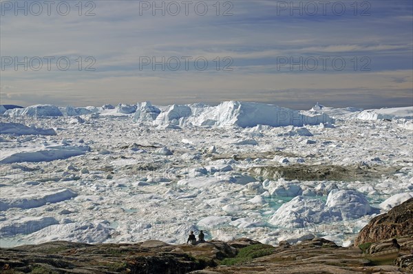 People sitting in front of fjord covered with ice and icebergs, ice fjord, Sermermuit, summer, Arctic, Ilulissat, Greenland, Denmark, North America