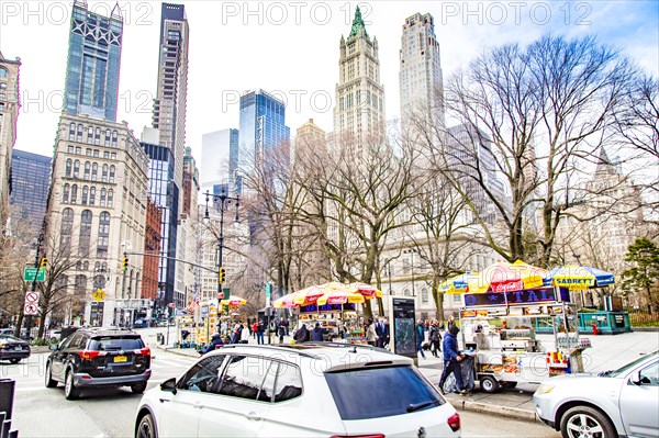 Thomas Paine Park and the historic skyscrapers of Lower Manhattan, New York City