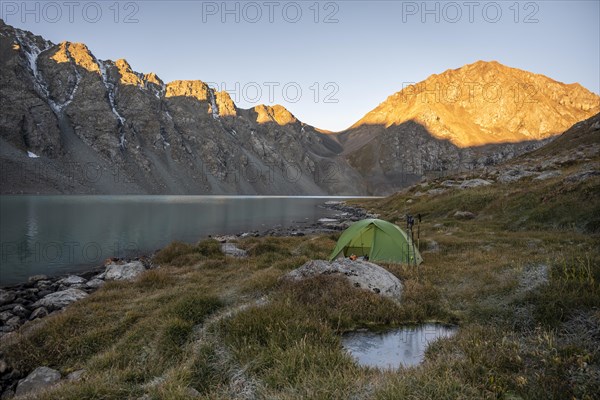 Camping in the wilderness, morning atmosphere, mountain lake in the Tien Shan, Lake Ala-Kul, Kyrgyzstan, Asia