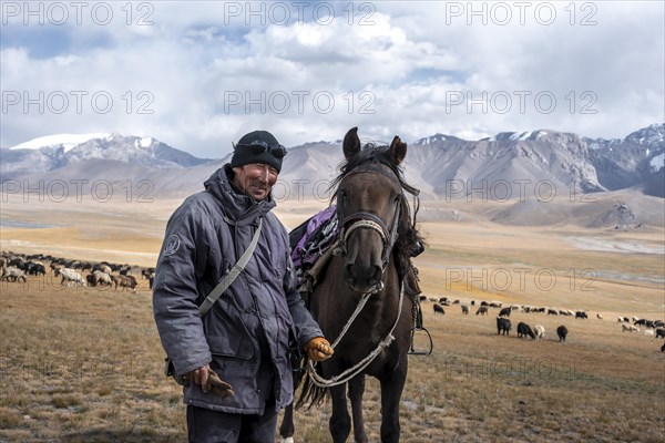 Nomadic life on a plateau, shepherd on horse, flock of sheep, dramatic high mountains, Tian Shan Mountains, Jety Oguz, Kyrgyzstan, Asia